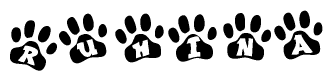 The image shows a row of animal paw prints, each containing a letter. The letters spell out the word Ruhina within the paw prints.