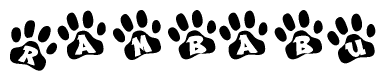 The image shows a row of animal paw prints, each containing a letter. The letters spell out the word Rambabu within the paw prints.