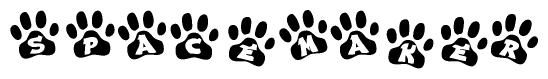 The image shows a row of animal paw prints, each containing a letter. The letters spell out the word Spacemaker within the paw prints.