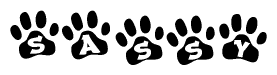 The image shows a series of animal paw prints arranged in a horizontal line. Each paw print contains a letter, and together they spell out the word Sassy.
