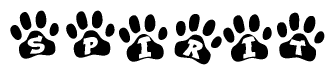 The image shows a row of animal paw prints, each containing a letter. The letters spell out the word Spirit within the paw prints.