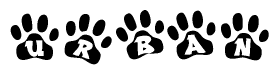 The image shows a series of animal paw prints arranged horizontally. Within each paw print, there's a letter; together they spell Urban