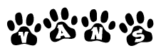 The image shows a series of animal paw prints arranged horizontally. Within each paw print, there's a letter; together they spell Vans