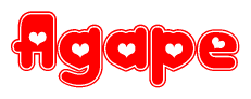 The image is a clipart featuring the word Agape written in a stylized font with a heart shape replacing inserted into the center of each letter. The color scheme of the text and hearts is red with a light outline.