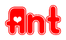 The image is a red and white graphic with the word Ant written in a decorative script. Each letter in  is contained within its own outlined bubble-like shape. Inside each letter, there is a white heart symbol.