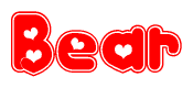 The image is a red and white graphic with the word Bear written in a decorative script. Each letter in  is contained within its own outlined bubble-like shape. Inside each letter, there is a white heart symbol.