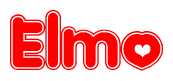 The image is a red and white graphic with the word Elmo written in a decorative script. Each letter in  is contained within its own outlined bubble-like shape. Inside each letter, there is a white heart symbol.