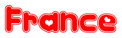 The image is a red and white graphic with the word France written in a decorative script. Each letter in  is contained within its own outlined bubble-like shape. Inside each letter, there is a white heart symbol.