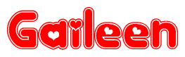 The image is a red and white graphic with the word Gaileen written in a decorative script. Each letter in  is contained within its own outlined bubble-like shape. Inside each letter, there is a white heart symbol.