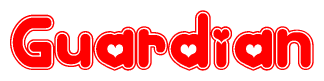 The image is a clipart featuring the word Guardian written in a stylized font with a heart shape replacing inserted into the center of each letter. The color scheme of the text and hearts is red with a light outline.