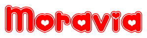 The image is a clipart featuring the word Moravia written in a stylized font with a heart shape replacing inserted into the center of each letter. The color scheme of the text and hearts is red with a light outline.