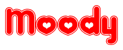 The image is a clipart featuring the word Moody written in a stylized font with a heart shape replacing inserted into the center of each letter. The color scheme of the text and hearts is red with a light outline.