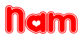 The image displays the word Nam written in a stylized red font with hearts inside the letters.