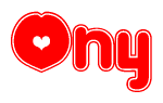 The image is a red and white graphic with the word Ony written in a decorative script. Each letter in  is contained within its own outlined bubble-like shape. Inside each letter, there is a white heart symbol.