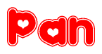 The image is a clipart featuring the word Pan written in a stylized font with a heart shape replacing inserted into the center of each letter. The color scheme of the text and hearts is red with a light outline.