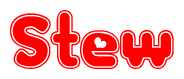The image is a red and white graphic with the word Stew written in a decorative script. Each letter in  is contained within its own outlined bubble-like shape. Inside each letter, there is a white heart symbol.