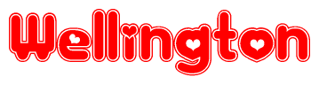 The image is a clipart featuring the word Wellington written in a stylized font with a heart shape replacing inserted into the center of each letter. The color scheme of the text and hearts is red with a light outline.