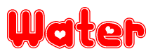The image is a clipart featuring the word Water written in a stylized font with a heart shape replacing inserted into the center of each letter. The color scheme of the text and hearts is red with a light outline.