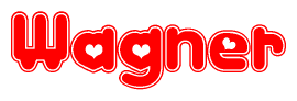 The image is a red and white graphic with the word Wagner written in a decorative script. Each letter in  is contained within its own outlined bubble-like shape. Inside each letter, there is a white heart symbol.