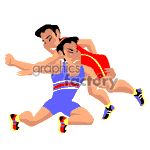The clipart image depicts two animated wrestlers in active competition. One wrestler in a red singlet is behind the other, who is in a blue singlet, and appears to be attempting a takedown or hold.