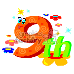 The image is a colorful, vibrant clipart that features the number 9 with a cute face, eyes, and a smile, decorated with a spiral pattern. The number is accompanied by the letters th in green, indicating an ordinal number, specifically 9th. Surrounding the number are various small, cartoonish stars and candies in different colors.