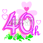 The image appears to be a clipart graphic celebrating a 40th birthday. It features a large 40th written in bold, stylized numbers with decorative elements like hearts of various sizes around it. The color scheme is predominantly pink, and there seems to be some greenery or leaves at the base of the numbers.