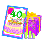 This clipart image features a birthday theme and depicts a colorful birthday cake with candles marked with the number 40. Beside the cake is a birthday card that also has the number 40 prominently displayed, suggesting a 40th birthday celebration. Next to the card is a gift wrapped in purple paper with pink dots and a yellow bow.