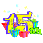 The clipart image features a stylized number 15th with a celebratory design including sparkles and gift boxes with bows. It implies the celebration of a 15th birthday or anniversary.
