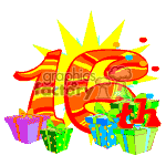 The clipart image displays a number 16 decorated with stripes and dots, a stylized sunburst in the background, and multiple colorful gift boxes with bows at the bottom.