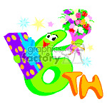 The clipart image depicts a number six character with a face, arms, and legs, holding a bouquet of flowers in one hand and a polka-dotted gift in the other. The number is accompanied by the letters th to represent 6th, usually referring to a 6th birthday or anniversary. There are colorful stars around the number, giving it a festive and celebratory appearance.
