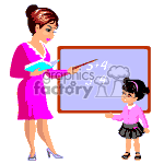 The image shows an animated clipart of a female teacher standing next to a blackboard with a piece of chalk in hand while talking to a young girl student. The blackboard has a simple math equation written on it ('5 + 4'), indicating a possible math lesson.