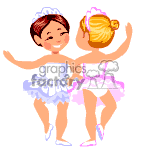 The clipart image features two animated young girls in ballet outfits dancing. Both are wearing tutus and ballet slippers, and one has a flower in her hair.