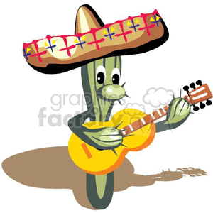 Cactus playing the guitar while wearing a sombrero