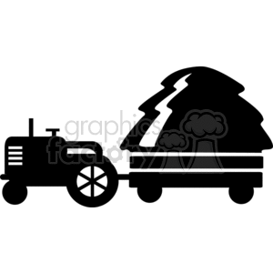The clipart image presents a side view of a tractor pulling a hay wagon or trailer, which appears to be loaded with a large hay bale. This is a silhouette style design, which makes it suitable for various uses such as vinyl-ready graphics or signage.