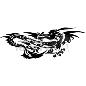The image is a black and white vector illustration of a stylized dragon. It is a monochrome design that appears to be suited for applications such as tattoos, vinyl cutting for signage, or other artistic or decorative purposes. The dragon is depicted in a dynamic and fluid pose with prominent features such as horns, scales, and a long body that could be easily utilized in vinyl cutting for signs or decals.