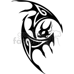 The image displays an artistic, stylized representation of a bat, designed in a tribal tattoo style suitable for vinyl cutting. It features clean, bold lines that define the shape of the bat in a graphic and abstract fashion. The bat is depicted in mid-flight with wings spread out, created with swirling patterns that give it an ornate and dramatic appearance. This type of design is commonly associated with themes such as Halloween, the spooky or gothic aesthetic, or could just as well be used for decorative purposes.