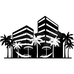 The clipart image depicts a tropical island with palm trees, beach and buildings in the background. The buildings could represent hotels, apartments or condominiums, possibly related to real estate or vacation rental properties. The image is in black and white and appears to be optimized for use on vinyl materials.
