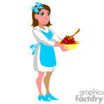 The clipart image depicts a woman wearing a blue dress with a white apron and matching blue shoes. She has a ribbon or flower in her hair. She is smiling and holding a yellow bowl filled with what appears to be a salad, containing leafy greens and red items that could be tomatoes or bell peppers.