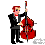 The image is a clipart of a man in a formal black outfit with a red bow tie, playing a double bass.