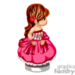 The image is a clipart of a little girl character. She has red hair decorated with a red flower, and is wearing a large pink dress with white accents, which suggests a formal or festive outfit, possibly for an event like a party or pageant. Her pose indicates she may be twirling or showing off her dress.