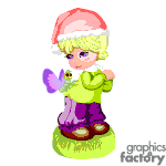The clipart image features a cartoon of a young girl with blonde hair wearing a Santa hat, a green sweater, and purple pants. She is standing on a patch of grass and interacting with a small purple butterfly that she appears to be gently holding in her hands.