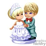 The image is an animated clipart of a young couple dressed in wedding attire. The boy is wearing a suit with a bow tie, and the girl is in a white dress