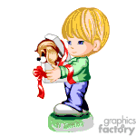 The image shows an animated clipart featuring a young blond boy holding a small dog wrapped in a blanket or towel with a decorative red and white-striped ribbon. The boy appears to be wearing a green shirt, blue pants, and is standing on a green platform or base that looks like part of the clipart design.