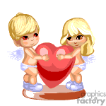 The clipart image features two cartoon-like blond cherubs or Cupid figures, one seemingly male and the other female, holding a large red heart together. Both cherubs are styled with angelic wings, and they are wearing diapers with little shoes. The color scheme is soft, with a focus on pastel shades.
