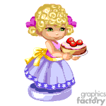 The clipart image depicts a cartoon of a young girl with curly blonde hair adorned with flowers. She is wearing a purple dress with a yellow bow and white floral patterns. The girl is holding a plate with what appears to be a cake or tart topped with strawberries. The image has a cute, whimsical style.