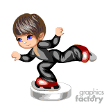 The clipart image features a cartoon-like figure skating character. The character has short brown hair and is dressed in a black outfit with accents that could be interpreted as silver or grey. They are in a dynamic ice-skating pose, balanced on one leg with the other extended behind them, and wearing red ice skates. The character appears to be performing on an ice surface, evident by the white and grey colors under the skates, suggesting a reflection or shiny surface.