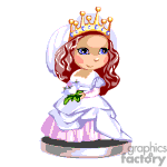 This is a clipart image of a cartoon character that appears as a young princess or bride. The character has red hair, is wearing a white dress with pink accents, and a crown. They are also holding what appears to be a green frog.