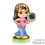 The clipart image features an animated character of a girl with braided hair, wearing a pink tank top and blue jeans, standing on a patch of green grass. She is holding a ball, which looks to be a gray sports ball, possibly a basketball, close to her body with both hands.