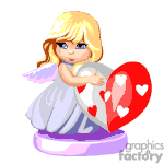 The clipart image features an animated character resembling a small angel or fairy with blonde hair, sitting on a cloud. She is holding a heart-shaped object, which is partially open and appears to be a box, decorated with additional smaller hearts. The angel has wings and is dressed in a purple outfit.