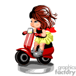 The clipart image depicts an animated character with long brown hair riding a red and white scooter. The character is wearing a yellow and black outfit with a red scarf, and appears to be in motion as suggested by the hair flowing backward.